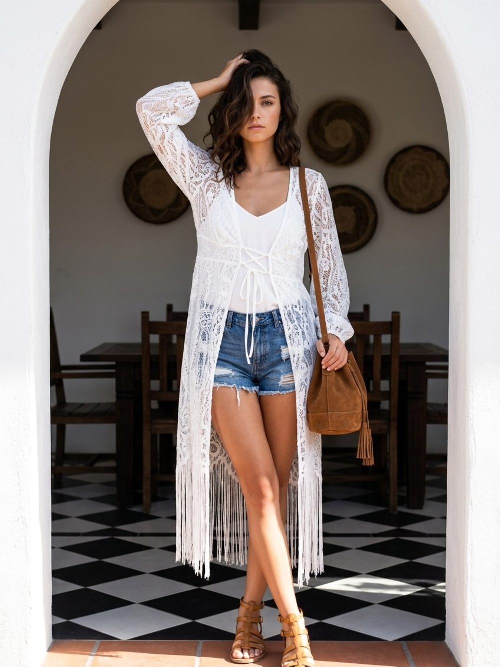 SHEIN White Lace Fringe Maxi Swim Coverup